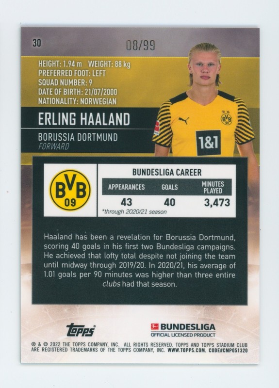 2021-22 Erling Haaland Topps Stadium Club Chrome Green Refractor Card 8/99 view 2