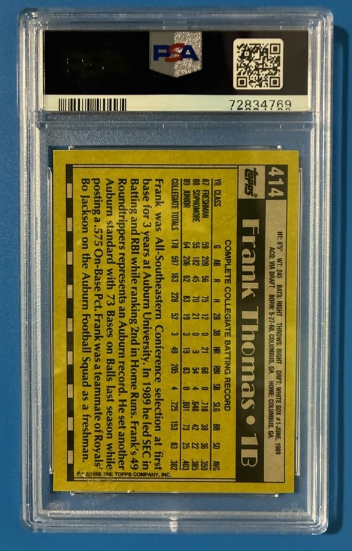 FRANK THOMAS 1990 TOPPS ROOKIE CARD NM-MT GRADED 8 BY PSA NAME ON FRONT view 2