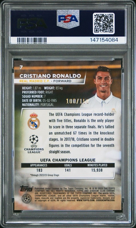 2022-23 TOPPS STADIUM CLUB CRISTIANO RONALDO PINK WAVE 100/150 PSA 9 view 2
