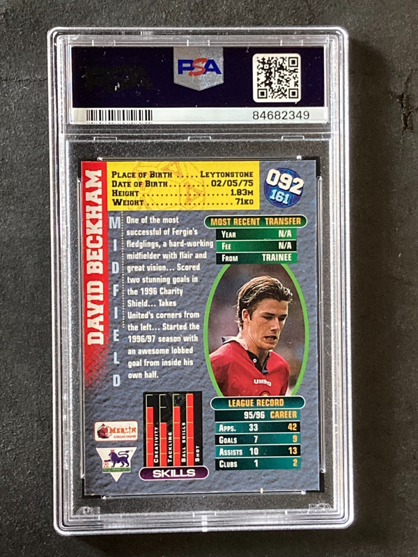 1996 Merlins Premier Gold David Beckham PSA 9 view 2