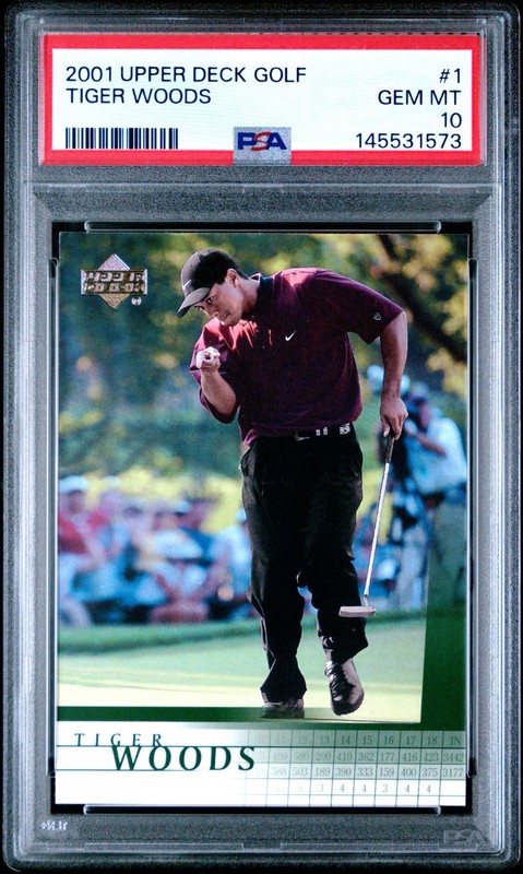 2001 Upper Deck Golf #1 Tiger Woods RC Rookie PSA 10 GEM MINT view 2