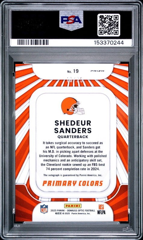 2025 DONRUSS OPTIC SHEDEUR SANDERS PRIMARY COLORS AUTO /25 ROOKIE RC PSA 10 view 2