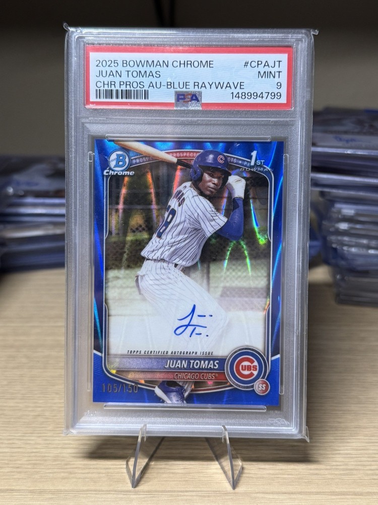 2025 Bowman Chrome Juan Tomas 1st Blue Raywave Prospect Auto /150 Cubs PSA 9