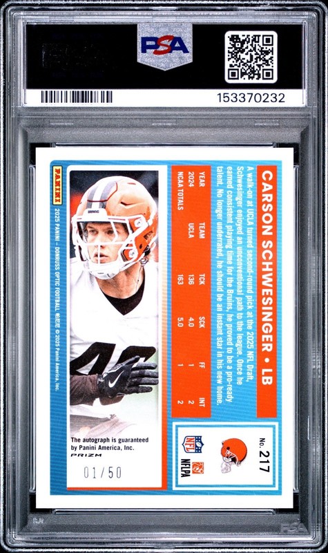 2025 DONRUSS OPTIC #217 CARSON SCHWESINGER PURPLE AUTO 1/50 ROOKIE RC PSA 10 view 2