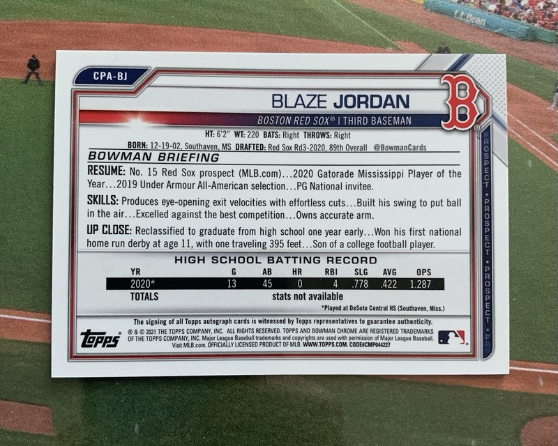 2021 Bowman Chrome 1st Auto Blaze Jordan #CPABJ 1st Prospect Base Auto *2* view 2