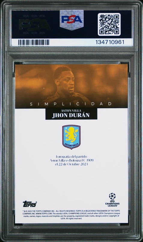 2024-25 Jhon Duran Topps Simplicidad UCC Gold Aston Villa Card 1/1 PSA 8 view 2