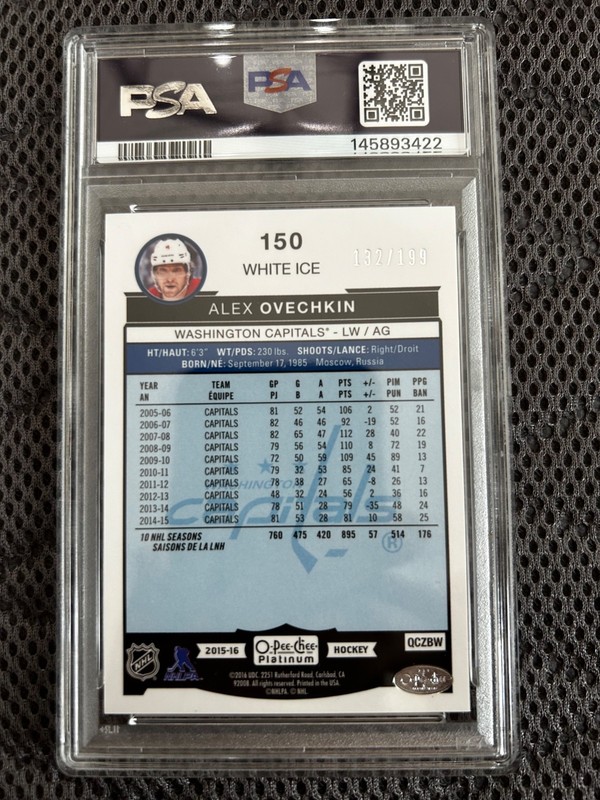 2015-16 O-PEE-CHEE Platinum ALEX OVECHKIN #150 White Ice /199 PSA 9 Mint. Caps view 2