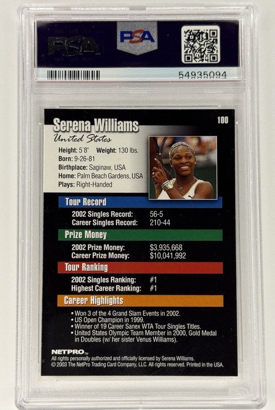 NetPro 2003 Serena Williams Rookie #100 PSA Graded Tennis Trading Card view 2