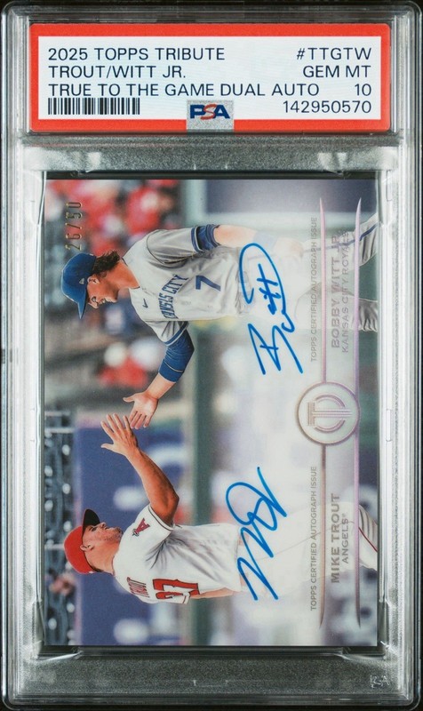 2025 Topps Tribute True to the Game Dual Auto Mike Trout/Bobby Witt  /50 PSA 10 view 2