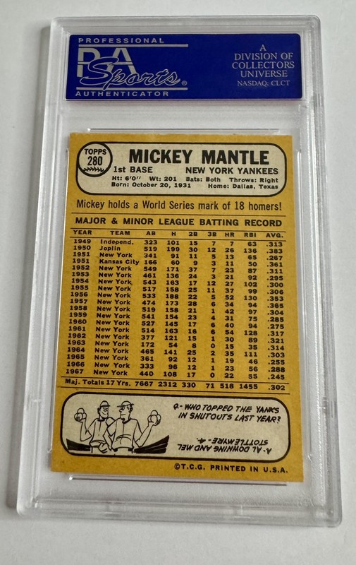 1968 Topps Mickey Mantle #280 New York Yankees HOF PSA 7 NM Vintage Card Vtg view 2