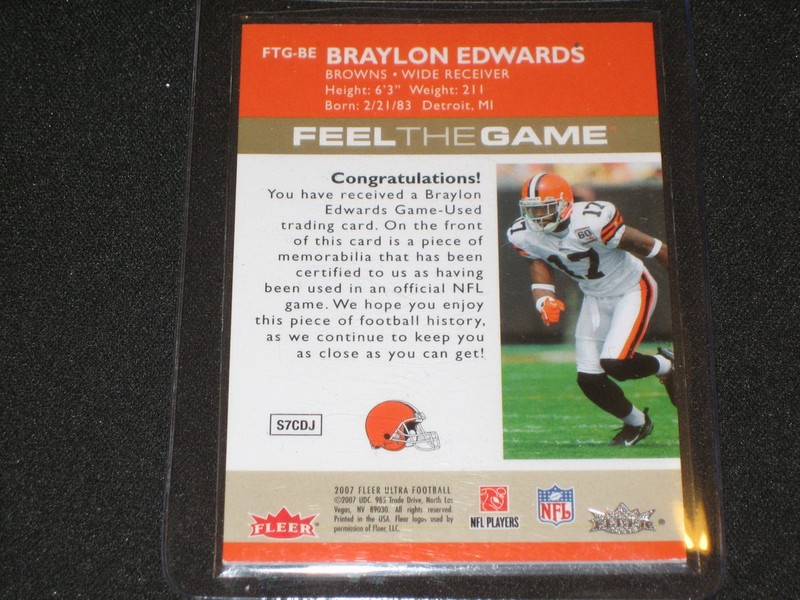 BRAYLON EDWARD BROWNS CERTIFIED GAME USED JERSEY CARD view 2