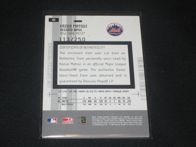 KAZUO MATSUI METS STAR CERTIFIED AUTHENTIC BASEBALL GAME USED JERSEY CARD /250 view 2