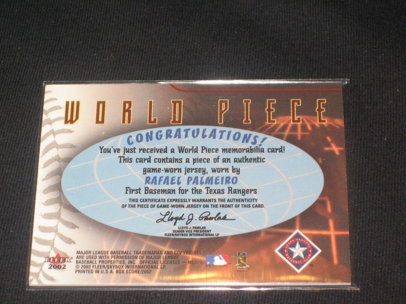 RAFAEL PALMEIRO RANGER LEGEND CERTIFIED AUTHENTIC BASEBALL GAME USED JERSEY CARD view 2