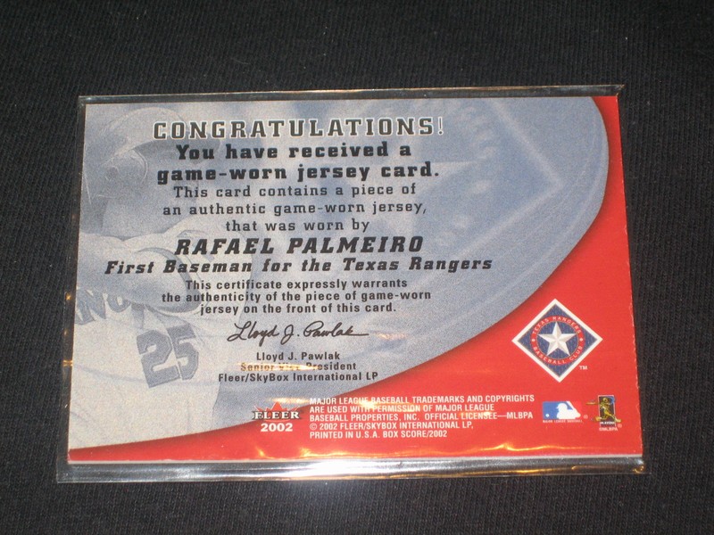 RAFAEL PALMEIRO TEXAS LEGEND CERTIFIED AUTHENTIC BASEBALL GAME USED JERSEY CARD view 2