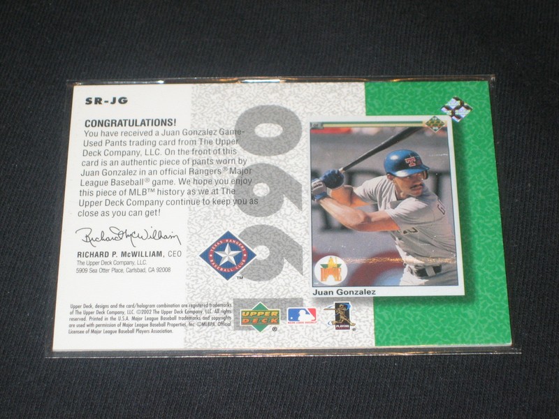 JUAN GONZALEZ TEXAS LEGEND CERTIFIED AUTHENTIC BASEBALL GAME USED JERSEY CARD view 2