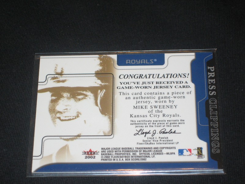 MIKE SWEENEY ROYALS STAR 2002 CERTIFIED AUTHENTIC BASEBALL GAME USED JERSEY CARD view 2