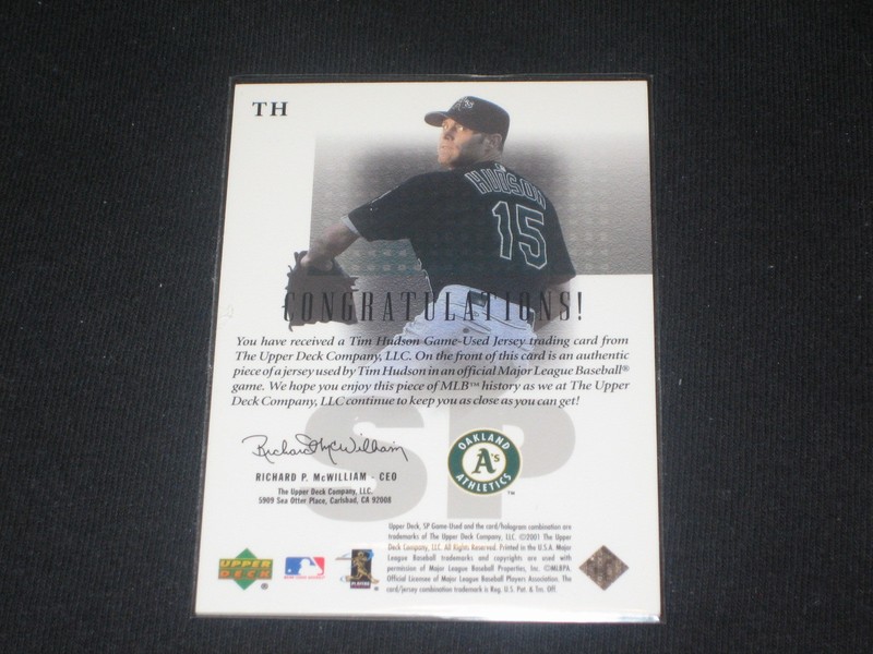 TIM HUDSON ATHLETICS LEGEND CERTIFIED AUTHENTIC BASEBALL GAME USED JERSEY CARD view 2