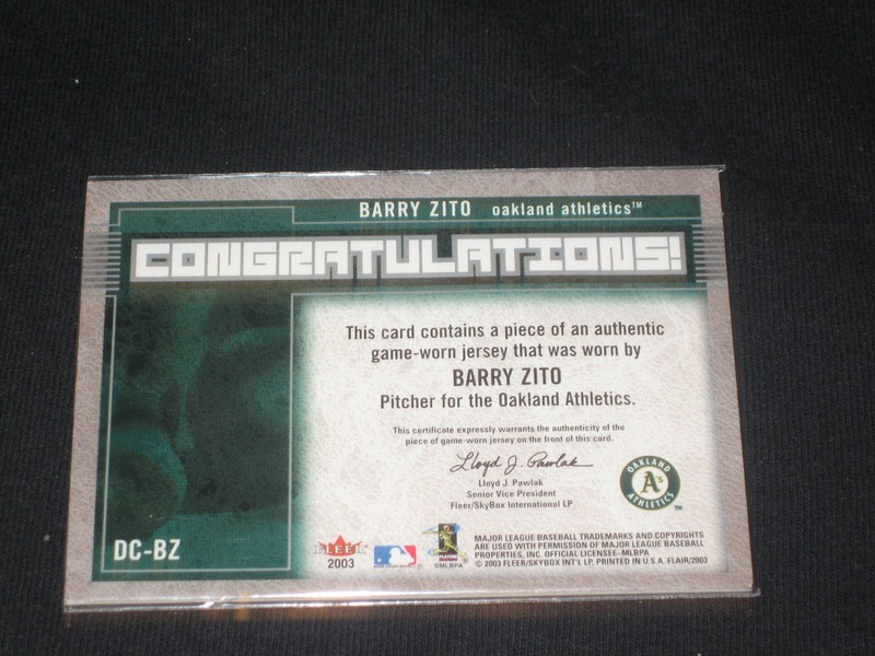 BARRY ZITO 2003 FLAIR LEGEND CERTIFIED AUTHENTIC BASEBALL GAME USED JERSEY CARD view 2