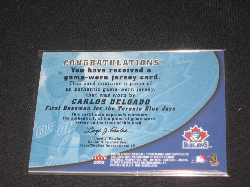 CARLOS DELGADO JAYS LEGEND CERTIFIED AUTHENTIC BASEBALL GAME USED JERSEY CARD view 2
