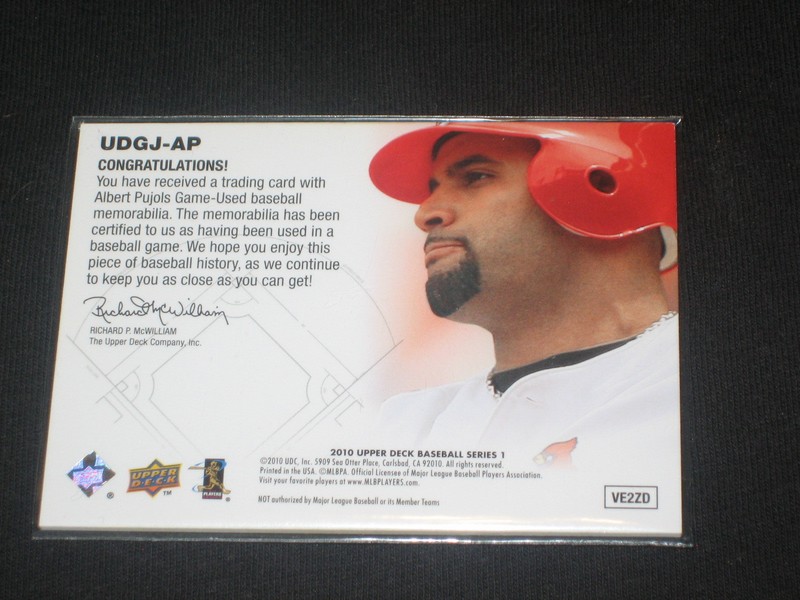 ALBERT PUJOLS 2010 UD CERTIFIED GENUINE AUTHENTIC BASEBALL GAME USED JERSEY CARD view 2