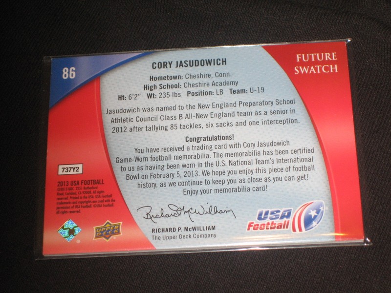 CORY JASUDOWICH USA GAME USED GENUINE CERTIFIED AUTHENTIC FOOTBALL JERSEY CARD view 2