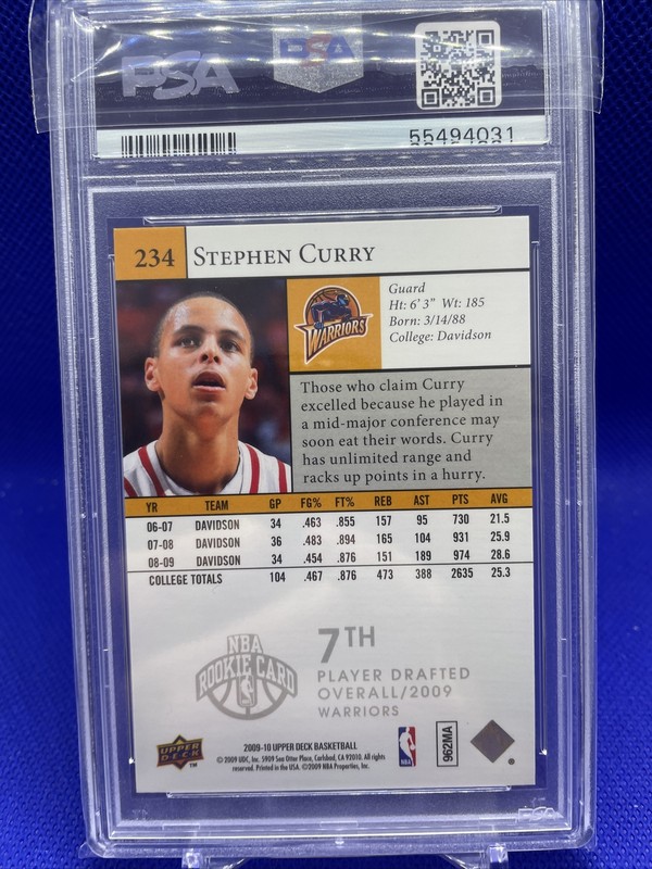 2009 Upper Deck Stephen Curry Rookie Card RC #234 Warriors NM Near Mint PSA 7 view 2