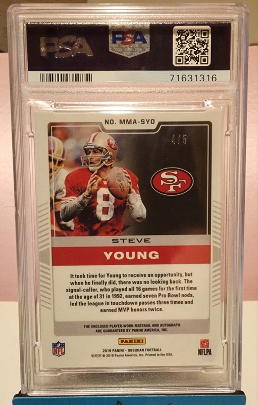2019 Panini Obsidian Steve Young Matrix Game Worn Patch Auto #/5 PSA 9 Mint view 2