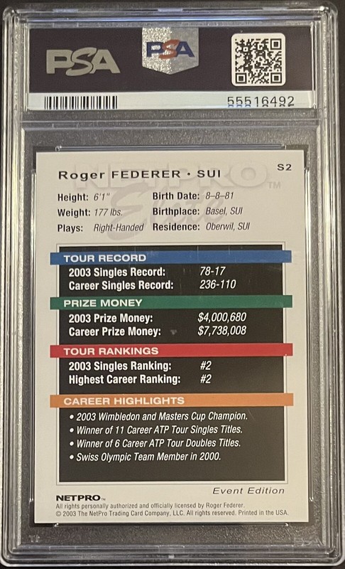 2003 NETPRO ROGER FEDERER ELITE EVENT STARTER #S2 ROOKIE RC 4 @ PSA 10 view 2