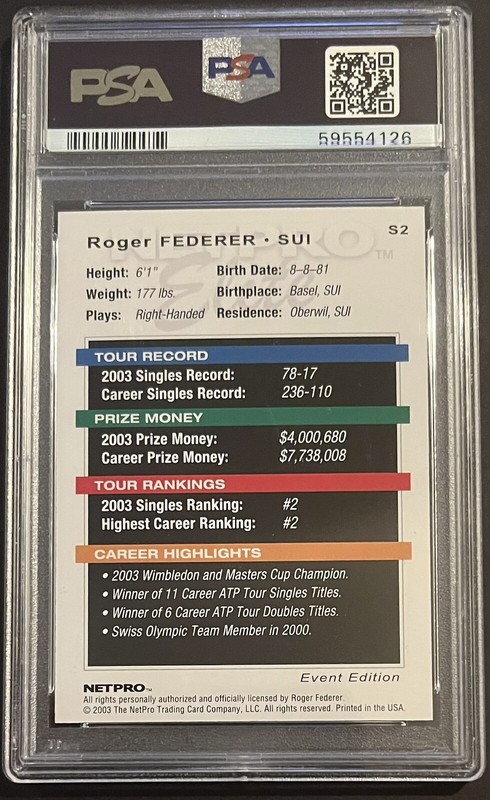 2003 NETPRO ROGER FEDERER ELITE EVENT STARTER #S2 ROOKIE RC 3 @ PSA 10 view 2