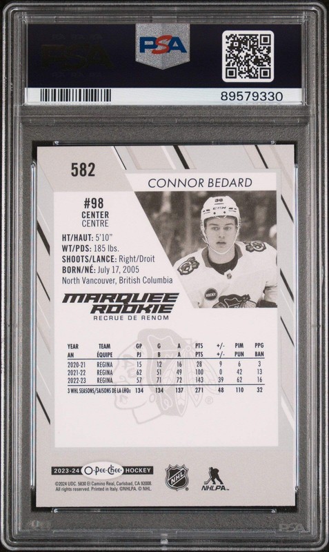 Graded 2023 Upper Deck O-pee-Chee Connor Bedard #582 Rookie Hockey Card PSA 10 view 2