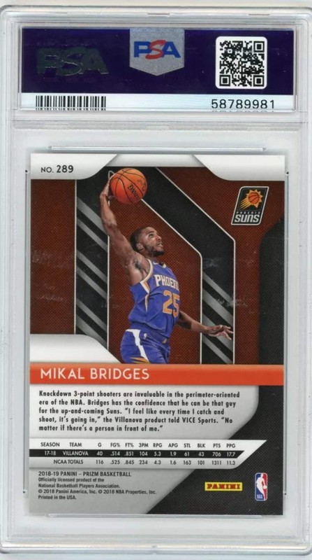 Graded 2018 Panini Prizm Mikal Bridges #289 Rookie RC Basketball Card PSA 10 view 2