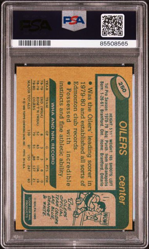 Graded 1980 Topps Wayne Gretzky #250 2nd Year Hockey Card PSA 6 EX-MT view 2