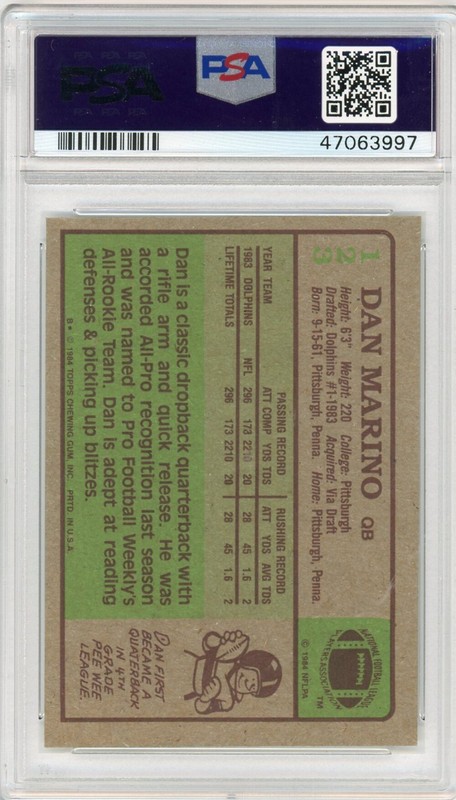 Graded 1984 Topps Dan Marino #123 Rookie RC Football Card PSA 8 NM-MT view 2