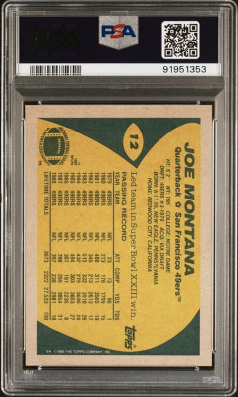 Graded 1989 Topps Joe Montana #12 Football Card PSA 10 Gem Mint view 2