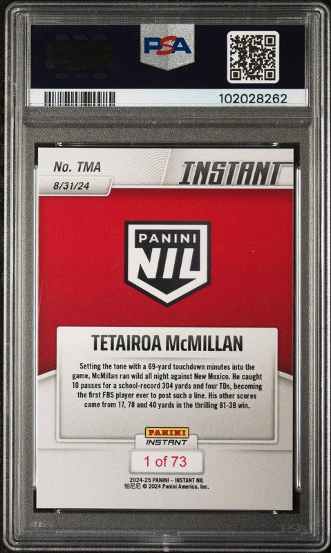 Graded 2024 Panini Instant NIL Tetairoa McMillan #TMA RC Football Card PSA 10 view 2