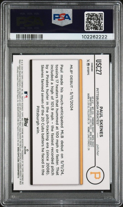 Graded 2024 Topps Chrome Update Paul Skenes #USC27 Rookie Baseball Card PSA 10 view 2