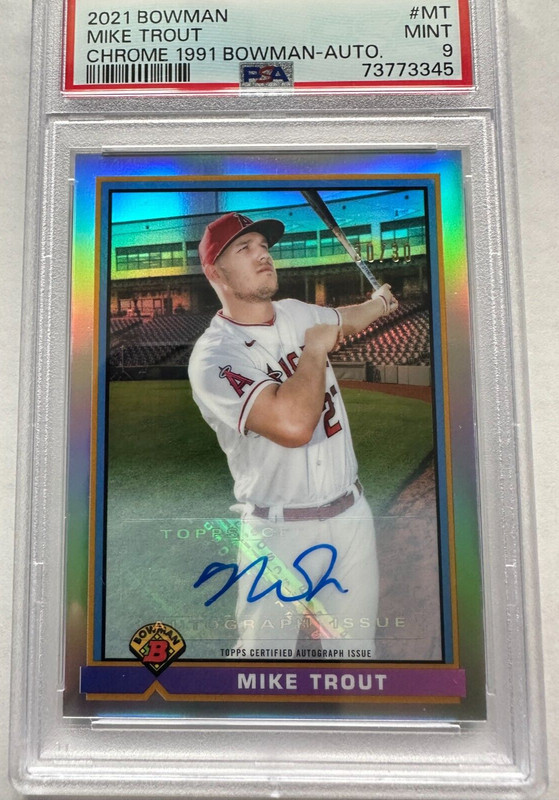 2021 Bowman Mike Trout Chrome AUTO '91 Retro Insert Refractor 30/30 PSA Bookend view 2