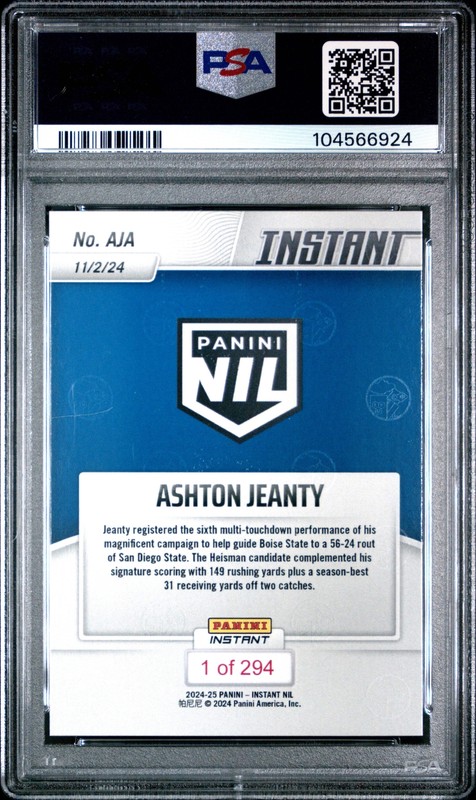 Graded 2024 Panini Instant NIL Ashton Jeanty #AJA Rookie RC Football Card PSA 10 view 2