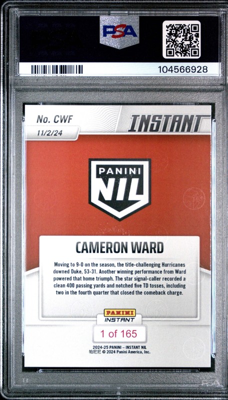 Graded 2024 Panini Instant NIL Cam Ward #CWF Rookie RC Football Card PSA 10 view 2