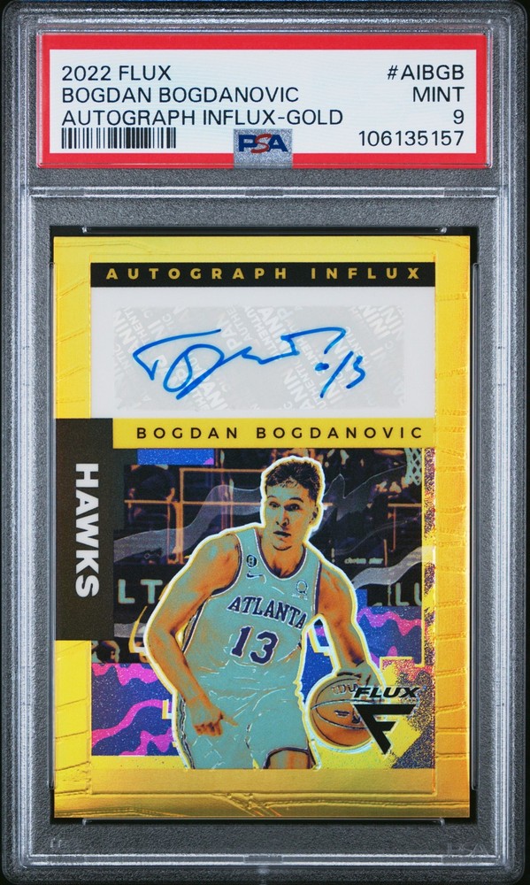 Bogdan Bogdanovic 2022 Panini Flux Autograph Influx #AIBGB Gold /10 Hawks PSA 9