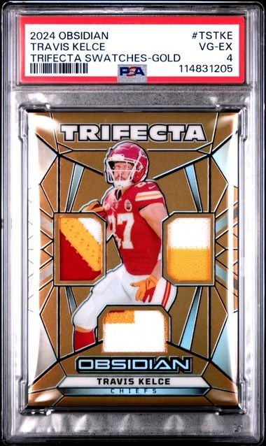 2024 PANINI OBSIDIAN #TS-TKE TRAVIS KELCE TRIFECTA SWATCHES-GOLD PSA VG-EX 4