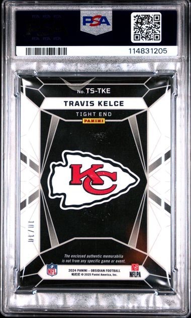 2024 PANINI OBSIDIAN #TS-TKE TRAVIS KELCE TRIFECTA SWATCHES-GOLD PSA VG-EX 4 view 2