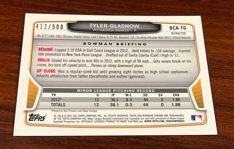 Tyler Glasnow 2013 Bowman Chrome Prospect Refractor Autographs Auto RC #’d /500 view 2