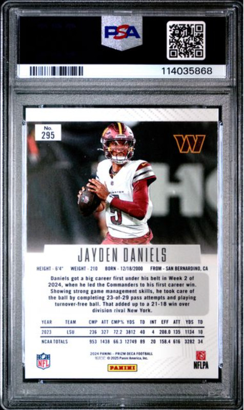 2024 PANINI PRIZM DECA #295 JAYDEN DANIELS PSA MINT 9 view 2