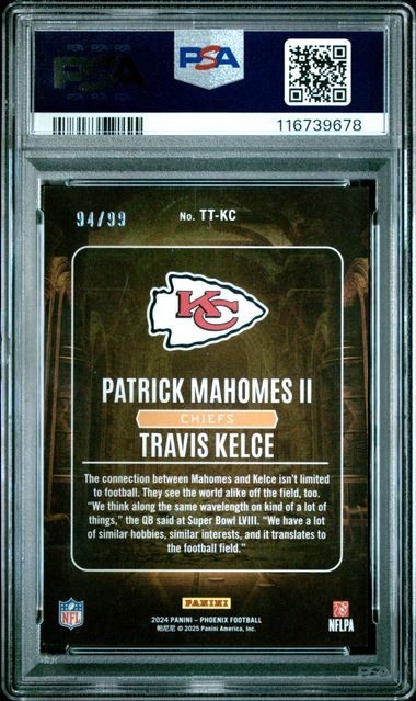 2024 PANINI PHOENIX #TT-KC MAHOMES II/KELCE TREASURED TANDEMS-RED /99 PSA MINT 9 view 2