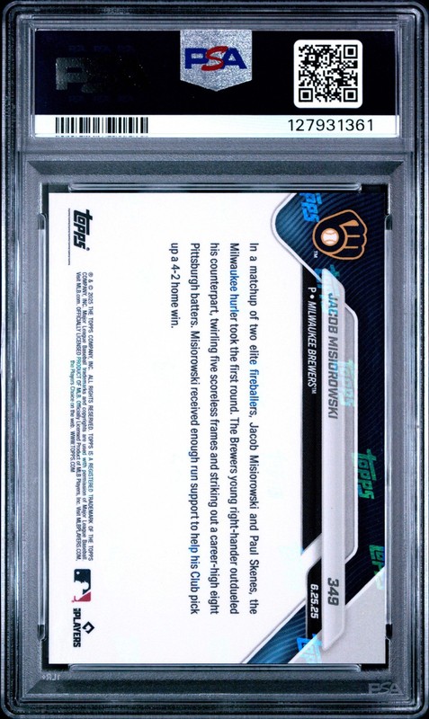 Graded 2025 Topps Now Jacob Misiorowski #349 Rookie RC Baseball Card PSA 10 Mint view 2