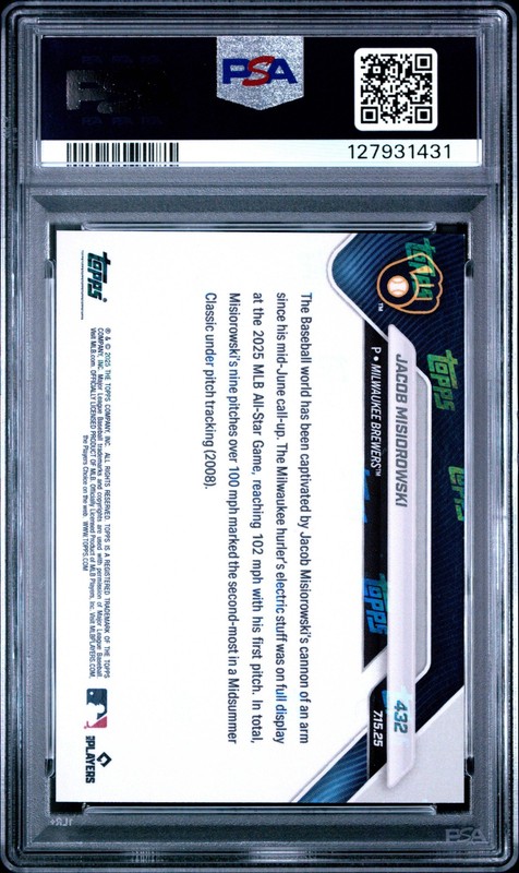 Graded 2025 Topps Now Jacob Misiorowski #432 Rookie RC Baseball Card PSA 10 Mint view 2