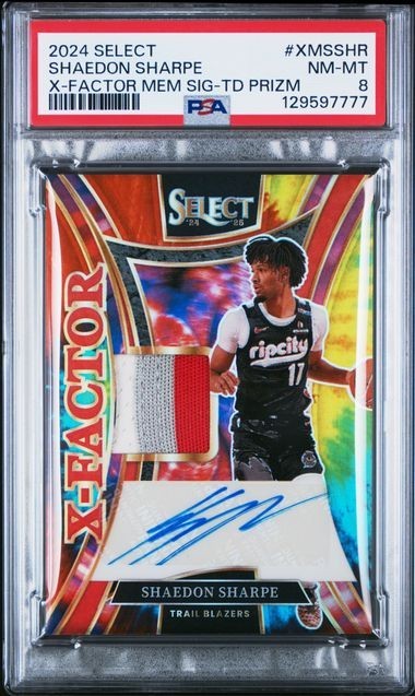 2024 Select X-Factor Auto Shaedon Sharpe Tie-Dye Game-Worn Patch SSP /25 PSA 8