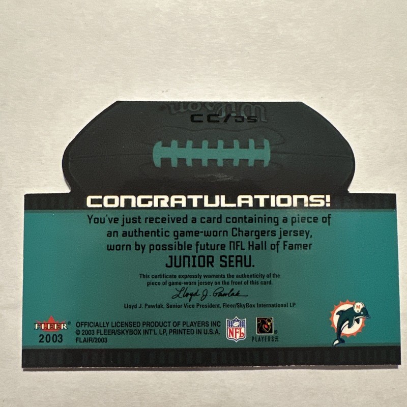 🔥JUNIOR SEAU 2003 FLAIR CANTON CALLING DIE-CUT GAME USED JERSEY CARD!🔥DOLPHINS view 2