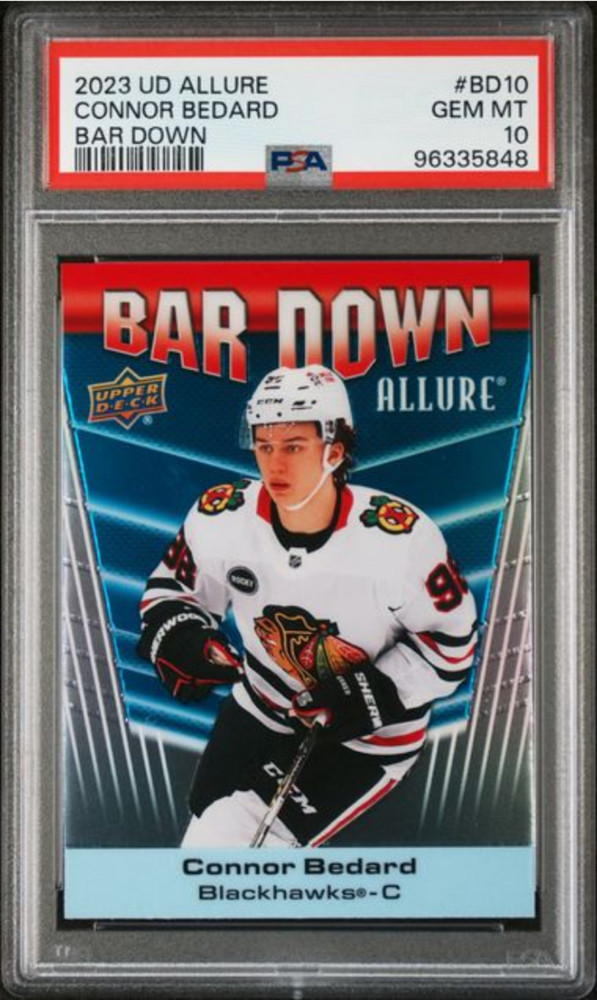 Graded 2023 Upper Deck Allure Connor Bedard #BD10 Bar Down Rookie RC Card PSA 10